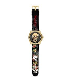 Gold Skull Watch with Black and Red Strap